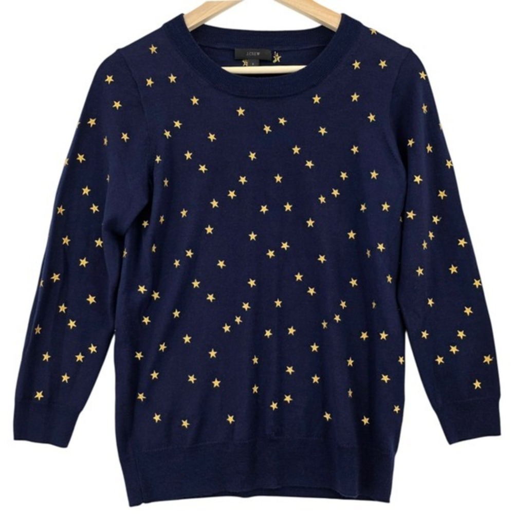 J.‎ Crew Womens S Navy Merino Wool Tippi Sweater Gold Embroidered Stars